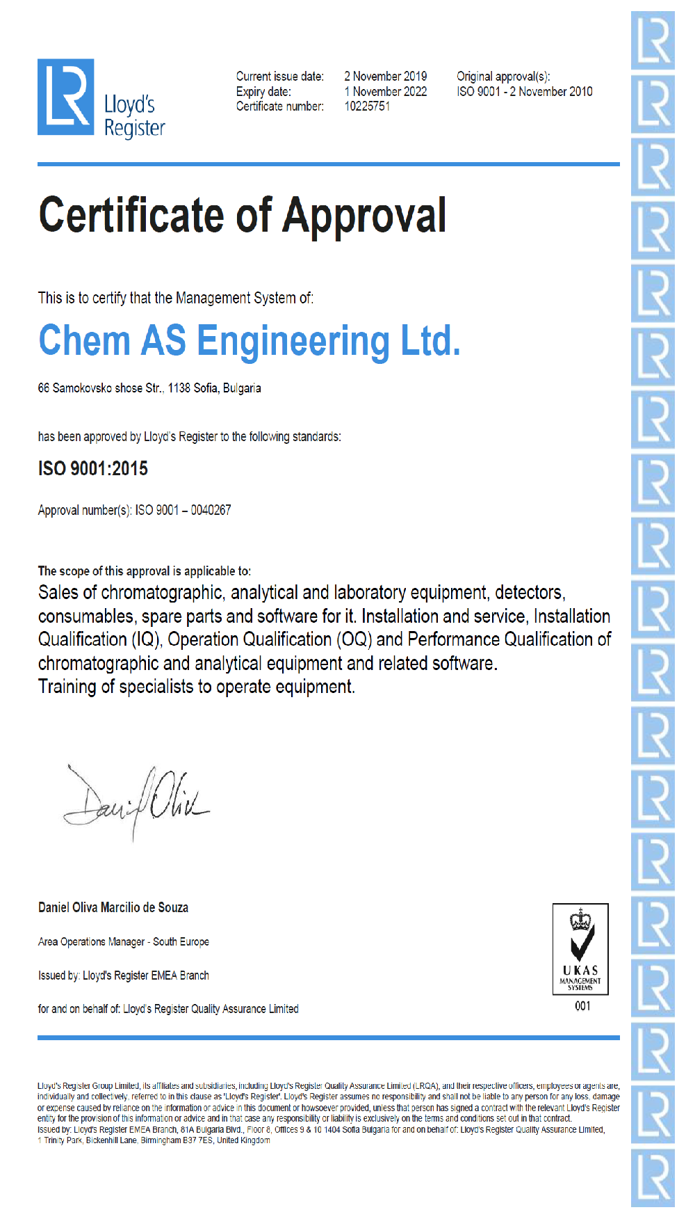 ISO 9001 certificate – Chem AS Engineering Ltd